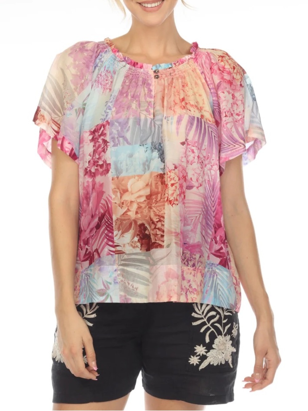 Johnny Was ESME Floral Peasant Boho Chic Lightweight Cotton Silk Blend Blouse